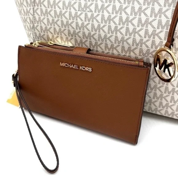 Michael Kors Large Chain Shoulder Bag & Double Zip Wallet Set Vanilla/Luggage - Picture 12 of 14